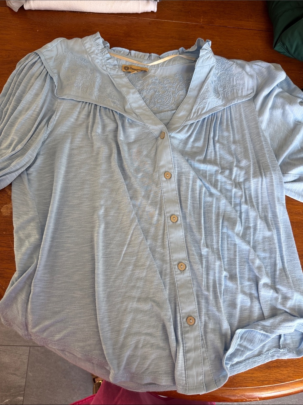 Democracy Light Blue Button-Front Top with Embroidered Yoke